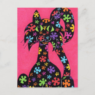 Cartão Postal Gato Flor Preto