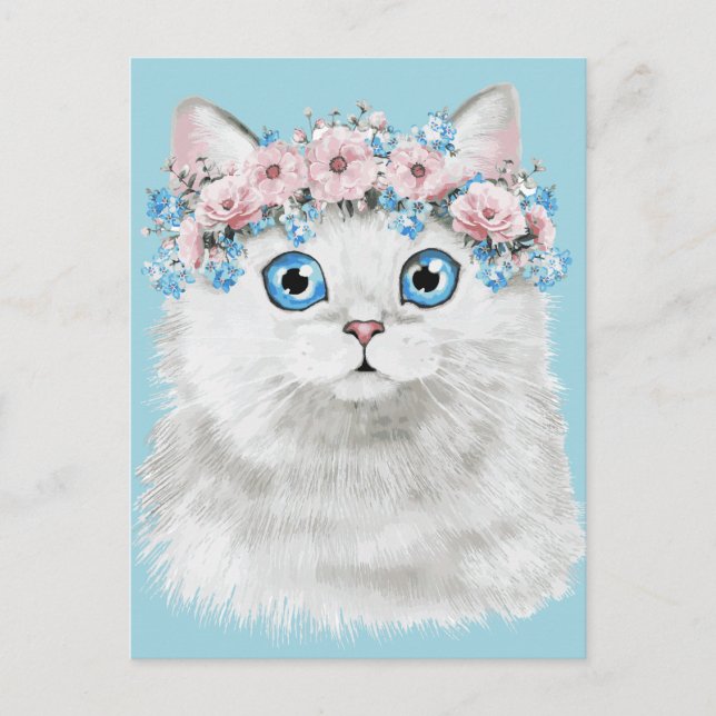 Cartão Postal Gato Floral Branco Doce (Frente)