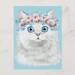 Cartão Postal Gato Floral Branco Doce