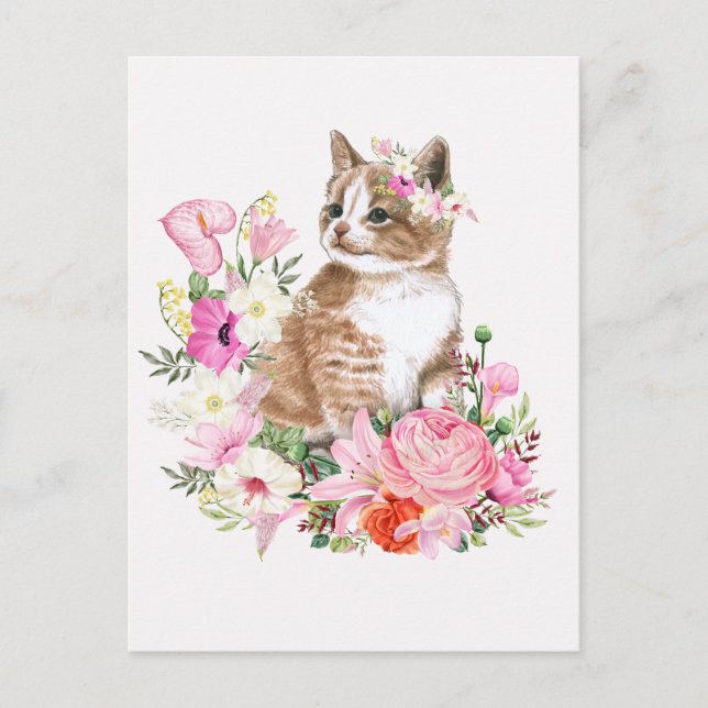 Cartão Postal Gato floral de aquarela (Frente)