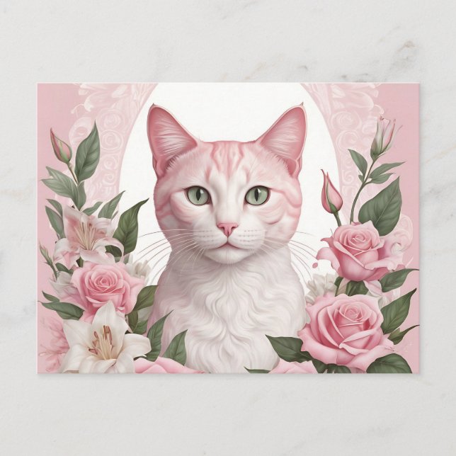 Cartão Postal Gato Floral Elegante com Rosas Vibrantes e Lírios (Frente)