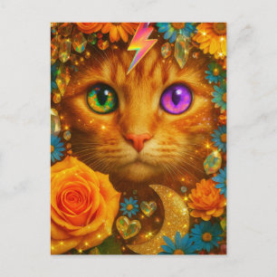 Cartão Postal Gato Floral Sonho Olhos Arco-Íris Místico