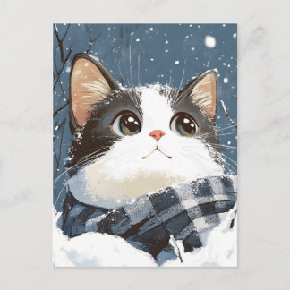 Cartão Postal Gato fofo aconchegante neve de inverno