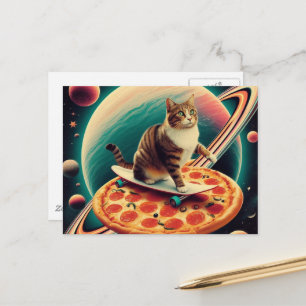 Cartão Postal Gato Fofo Andando de Skate no Planeta Pizza