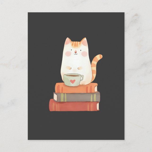 Cartão Postal Gato Fofo & Caneca de Café Para Amantes de Livros (Frente)