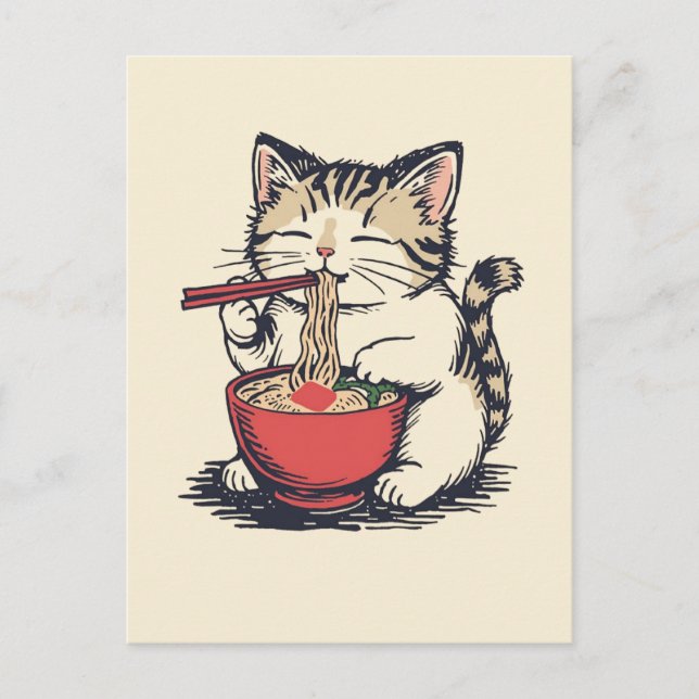 Cartão Postal Gato fofo da moda comendo ramen Japonês  (Frente)