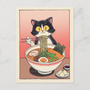 Cartão Postal Gato fofo da moda comendo ramen Japonês 