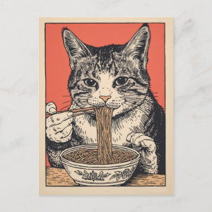 Cartão Postal Gato fofo da moda comendo ramen Japonês 
