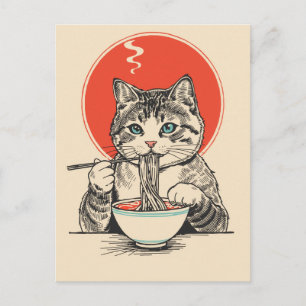 Cartão Postal Gato fofo da moda comendo ramen Japonês 