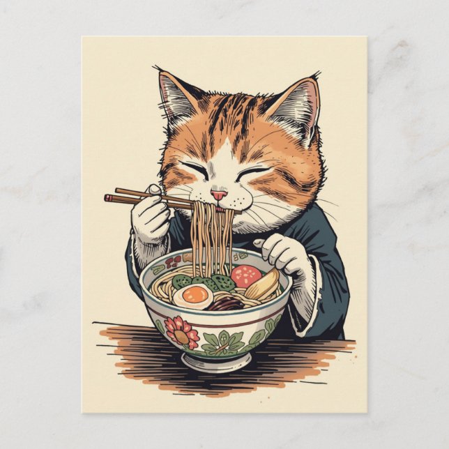 Cartão Postal Gato fofo da moda comendo ramen Japonês  (Frente)