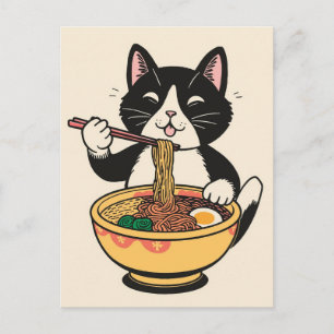 Cartão Postal Gato fofo da moda comendo ramen Japonês 