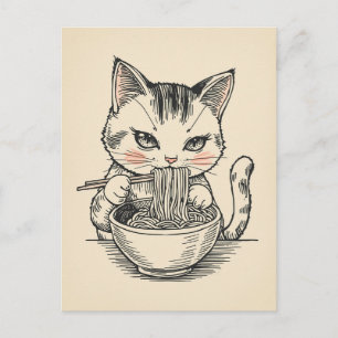 Cartão Postal Gato fofo da moda comendo ramen Japonês 