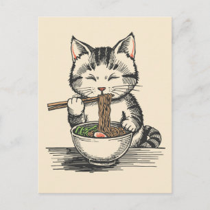 Cartão Postal Gato fofo da moda comendo ramen Japonês 