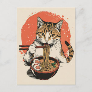Cartão Postal Gato fofo da moda comendo ramen Japonês 