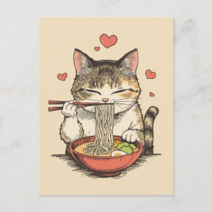 Cartão Postal Gato fofo da moda comendo ramen Japonês 