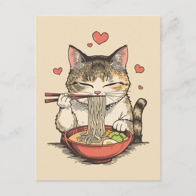 Cartão Postal Gato fofo da moda comendo ramen Japonês  (Frente)