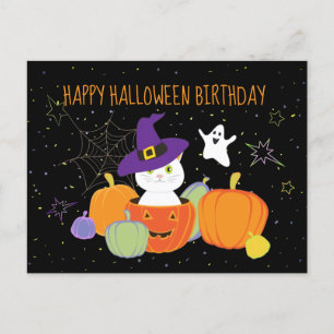 Cartão Postal Gato Fofo de Halloween com Chapéu de Bruxa