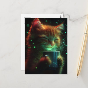 Cartão Postal Gato Fofo Desfruta de um Café