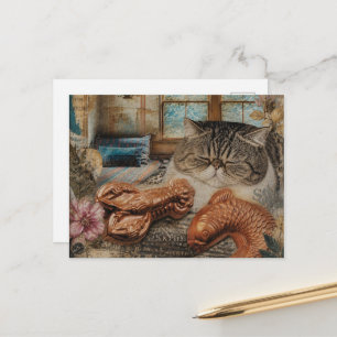 Cartão Postal Gato Fofo Dormindo Com Lagosta e Peixe