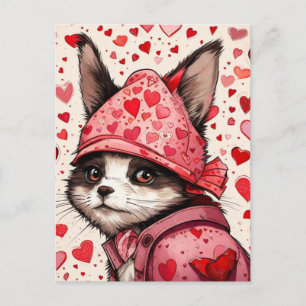 Cartão Postal Gato fofo e corações vermelhos