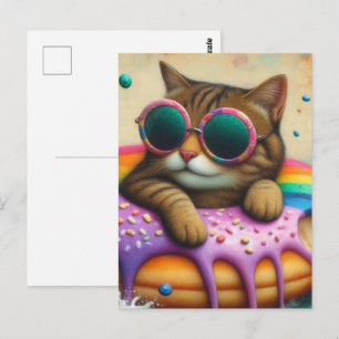 Cartão Postal Gato Fofo em uma Rosquinha Flutuante