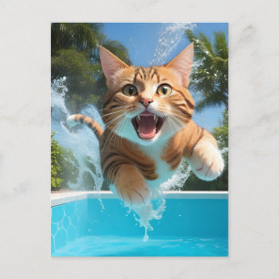 Cartão Postal Gato Fofo Nadando Mergulhando na Piscina Engraçado