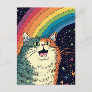Cartão Postal Gato Fofo no Espaço Com Arco-Íris