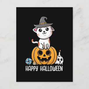 Cartão Postal Gato Fofo Sentado no Abóbora Halloween
