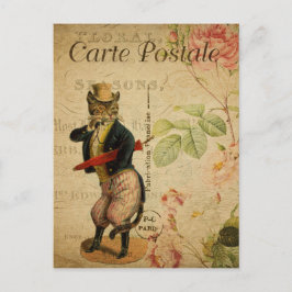 Cartão Postal Gato Francês Antigo com monóculo e guarda-chuva