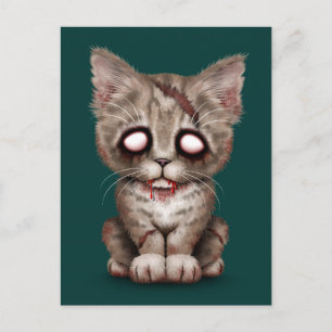 Cartão Postal Gato Gatinho Zombie bonito no Azul Teal