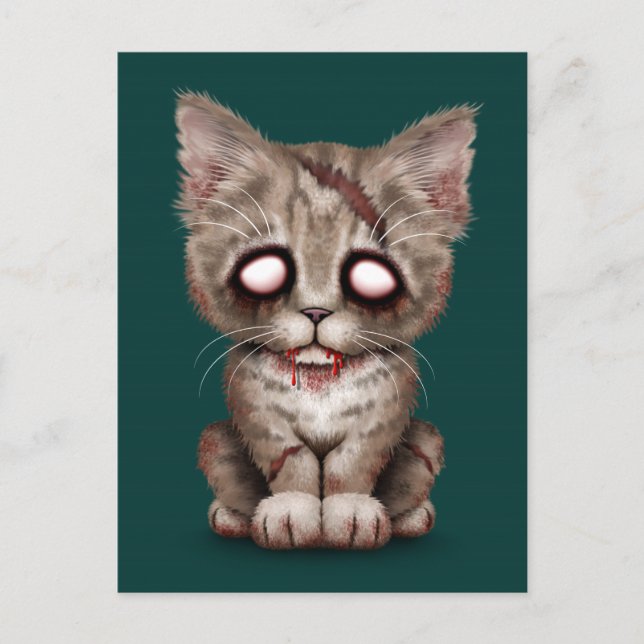 Cartão Postal Gato Gatinho Zombie bonito no Azul Teal (Frente)