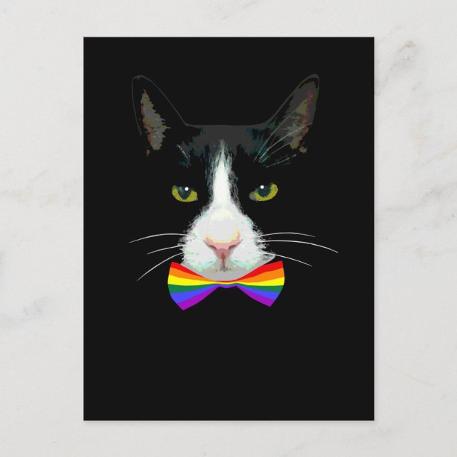 Cartão Postal Gato Gay LGBT com Gravata Borboleta Arco-Íris (Frente)