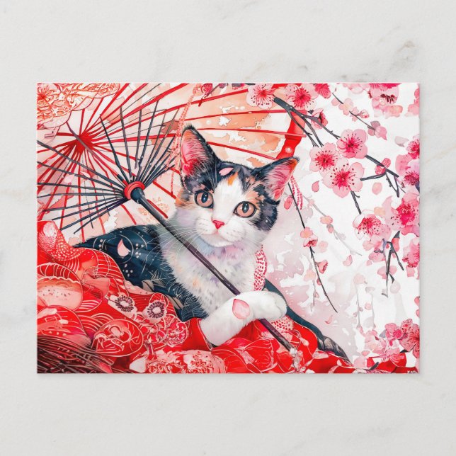 Cartão Postal Gato Geisha com Guarda-chuva em Pintura a Tinta Ch (Frente)