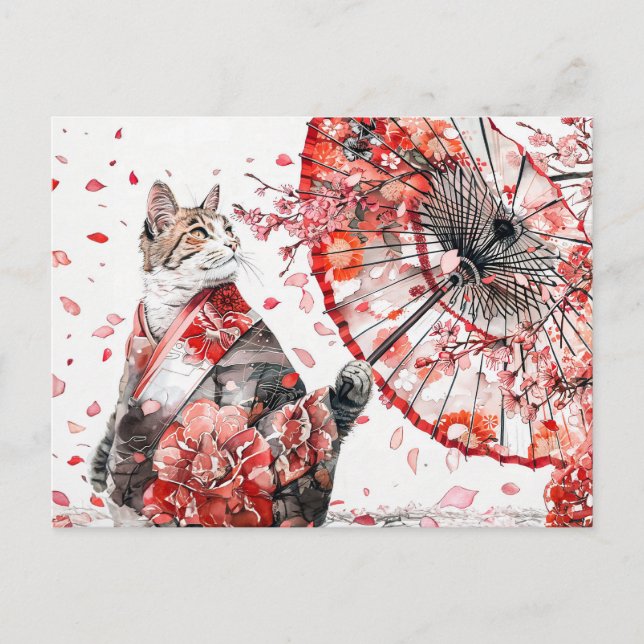 Cartão Postal gato geisha em um quimono detalhado senta-se graci (Frente)