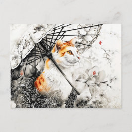 Cartão Postal Gato Geisha Gracioso com Orquídeas Brancas em Chin