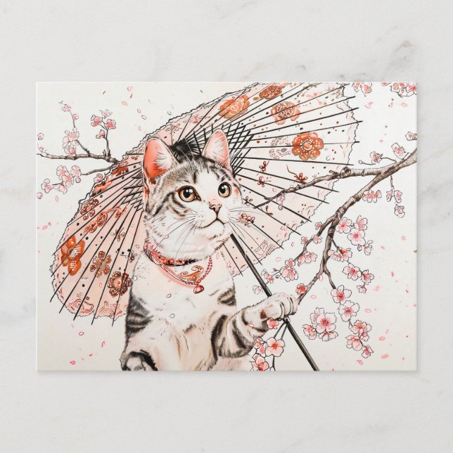 Cartão Postal Gato Geisha Gracioso com Parasol e Cereja Ornament (Frente)