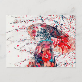 Cartão Postal Gato Geisha Majestoso Entre Blossomas De Cereja