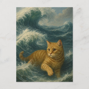 Cartão Postal Gato Gengibre Corajoso Montando Ondas do Oceano
