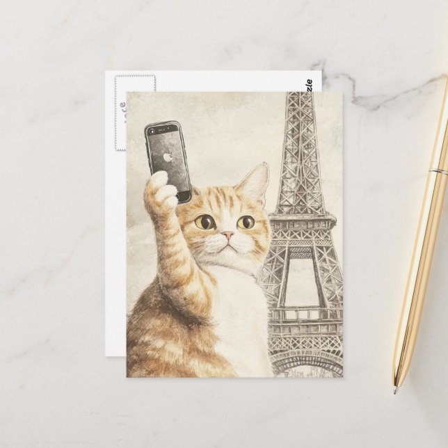 Cartão Postal Gato Ginger Adorável Tirando uma Selfie em Paris (Frente/Verso In Situ)