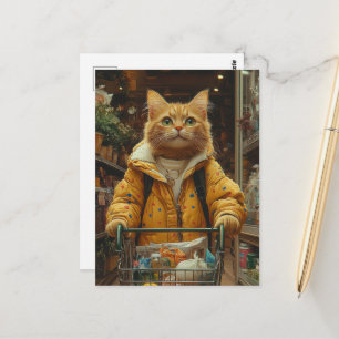 Cartão Postal Gato Ginger Fofo Fazendo Compras de Mercado
