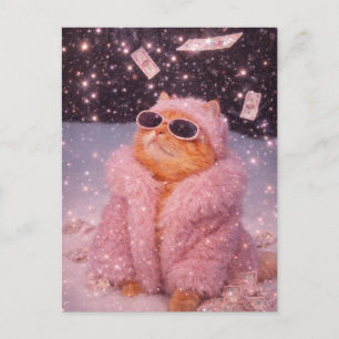 Cartão Postal Gato Glam Money com Casaco de Pele Rosa e Óculos d