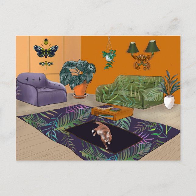 Cartão Postal Gato gordo e sonolento na sala amarela (Frente)