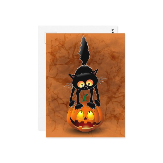 Cartão Postal Gato Halloween Caricatura Assustada na Pumpkin (Frente/Verso In Situ)