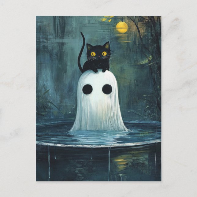 Cartão Postal Gato Halloween e Fantasma na Piscina (Frente)