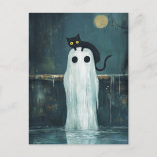 Cartão Postal Gato Halloween e Fantasma na Piscina