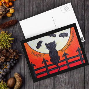 Cartão Postal Gato Halloween Em Cerca Na Lua