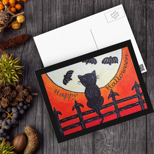 Cartão Postal Gato Halloween Em Cerca Na Lua (Black Cat on fence full moon bats on Happy Halloween postcard.)