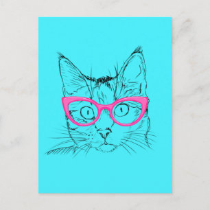 Cartão Postal Gato Hipster Azul e Rosa
