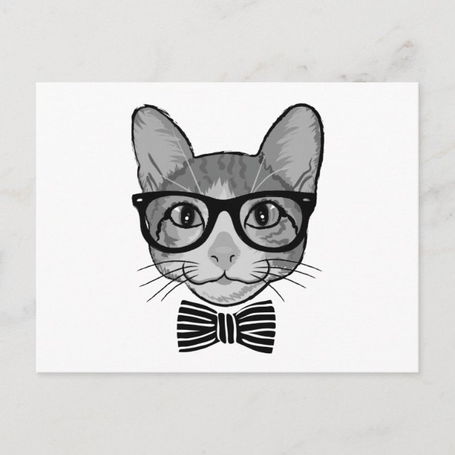 Cartão Postal Gato Hipster Preto e Branco com Gravata Borboleta (Frente)