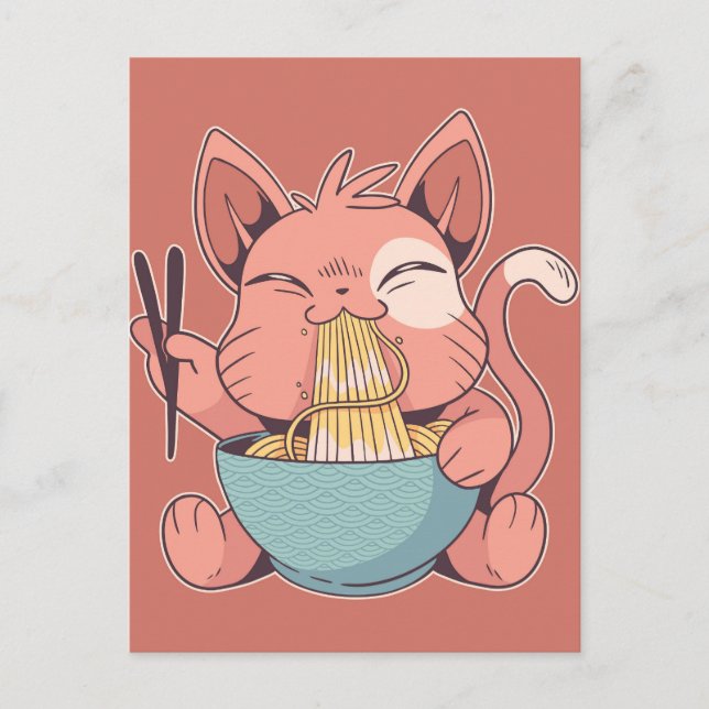 Cartão Postal Gato Kawaii Comendo Ramen (Frente)